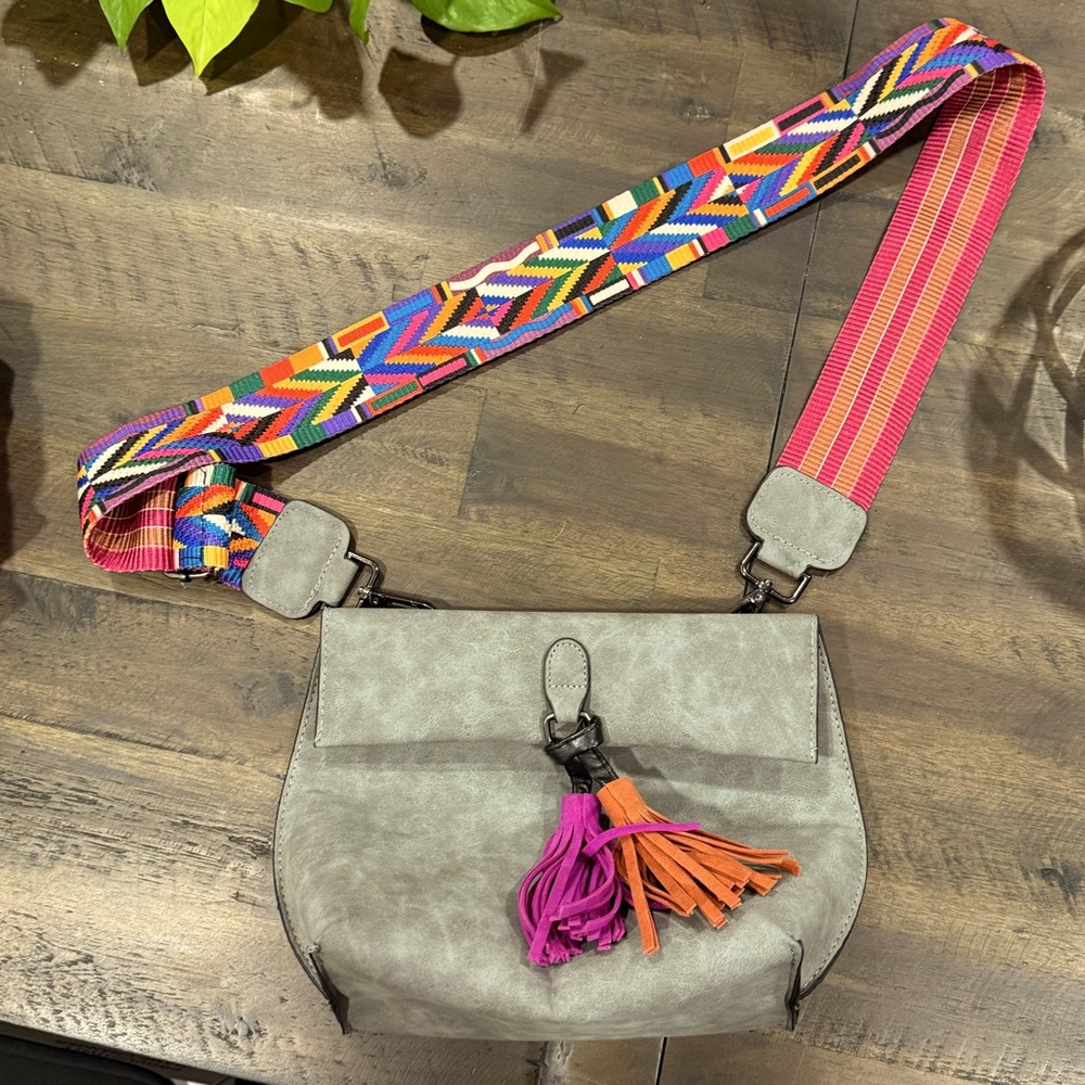 Grey suede purse with reversible multipattern strap